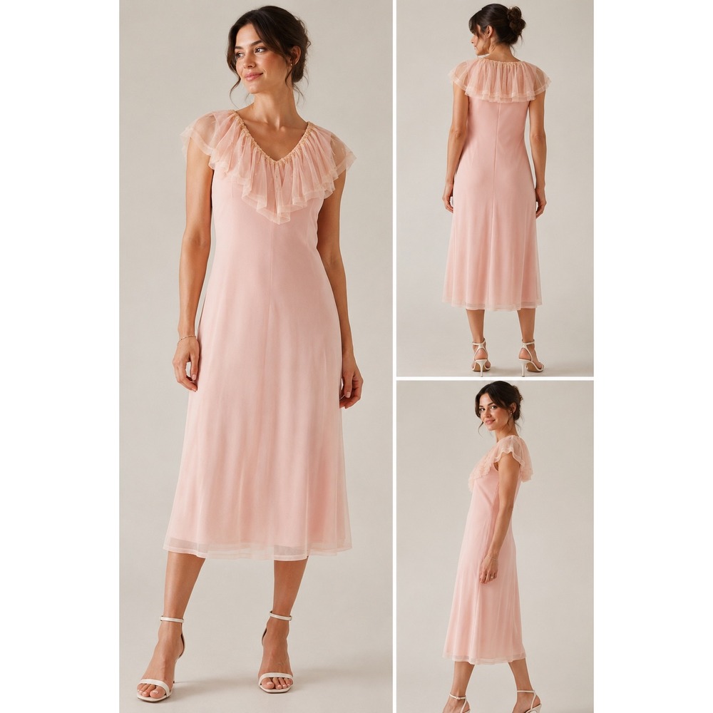 American Glamour Badgley Mischka Pink Mesh Sequin Ruffle Midi Dress  Medium - Picture 3 of 8
